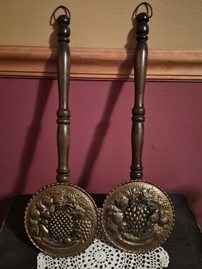 Decorative Brass Fruit Motif Wall Hangings with Wooden Handles - Pair